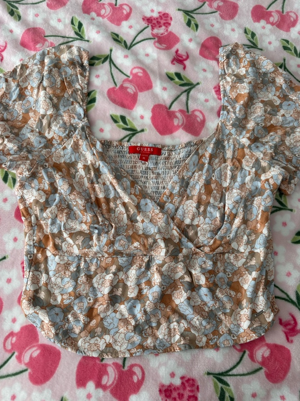 GUESS Floral Wrap Top in Light Blue & Tan